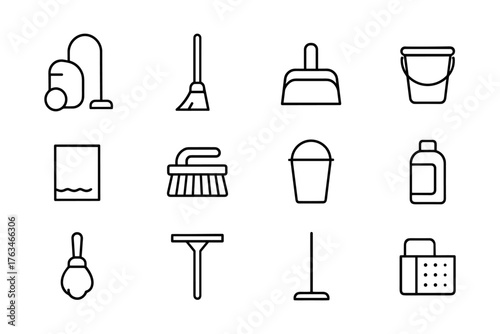 Minimalist cleaning tools icons set in linear style