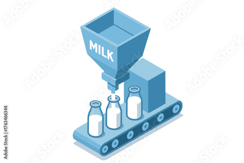 Isometric milk bottling process with conveyor and filling machine in blue tones