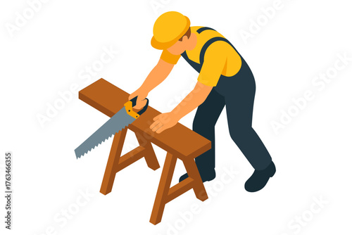 Carpenter in isometric style using saw on wooden plank with sawhorse