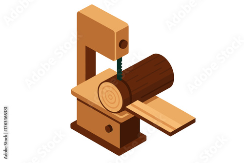 Isometric wood cutting machine with log for carpentry and woodworking projects