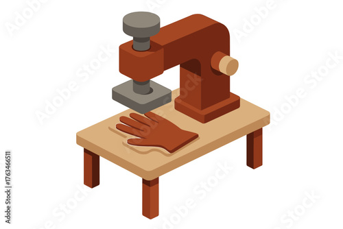 Isometric leather craft machine with glove on table