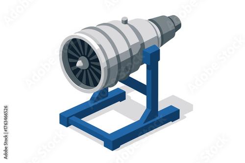 Isometric jet engine model on stand isolated on white background