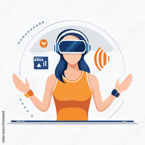 Woman Experiencing Virtual Reality with Headset and Digital Interface.