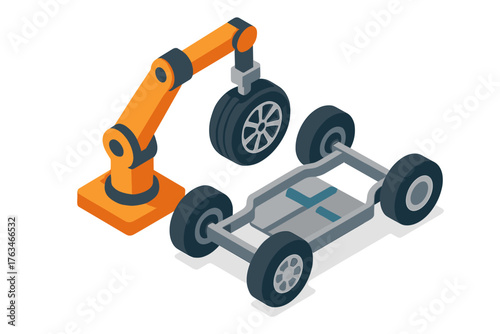 Isometric robotic arm installing car wheel on chassis for automotive assembly concept