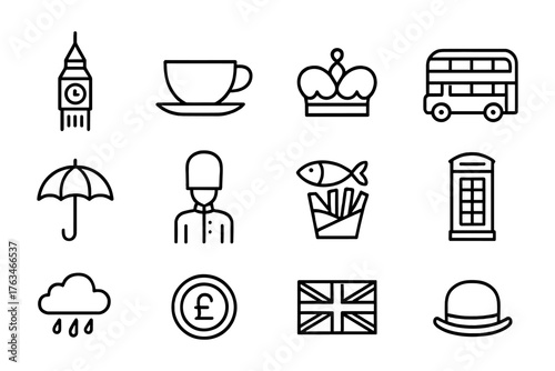 Iconic british symbols: london collection in outline style
