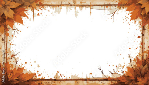 A warm autumn-themed frame with orange leaves and splashes surrounds a vintage, textured background. Perfect for seasonal promotions, invitations, or décor projects needing a rustic