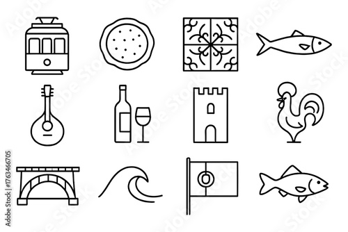 Portuguese culture icons: tram, azulejo, galo, and more