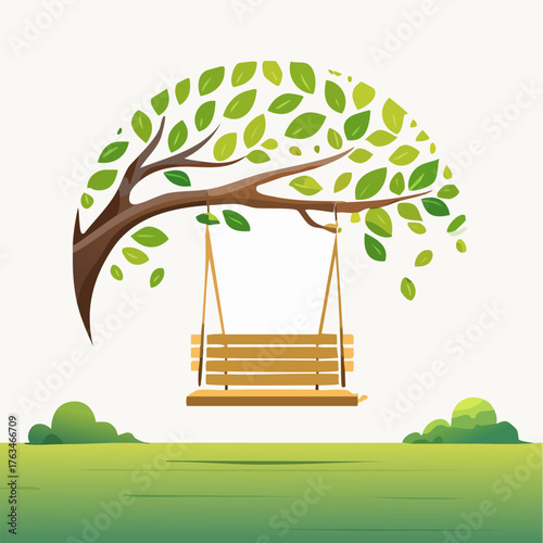 Wooden Swing Hanging from a Tree Branch in a Green Field.