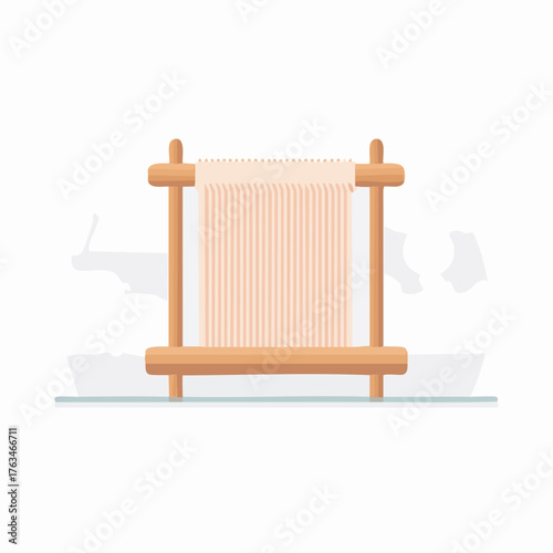 Wooden Weaving Loom with Beige Threads for Crafting.
