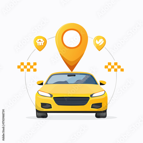 Yellow car with location pin, taxi service, transportation concept.
