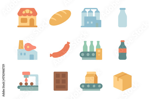 Colorful icons of a food and beverage production process in flat style