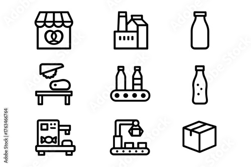 Food processing icons: simplified outline symbols for factory and packaging design