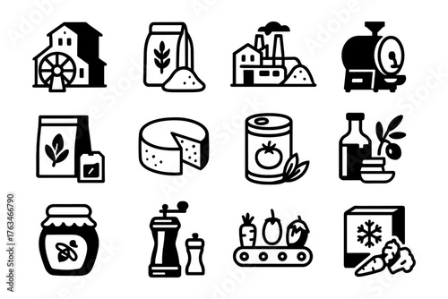 Black and white icons of food production and factory machines