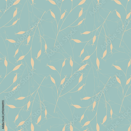 Rosehip branches with fruits beige color on pastel blue background, floral pattern. Rosehip fruits or roses, harvest, source of vitamin C. 
