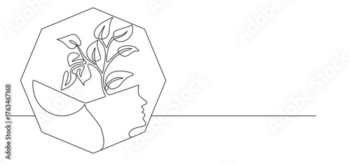 One continuous single line of human head with heart shape flower inside. Mental health concept vector illustration. Psychological therapy and treatment