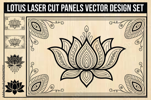 Lotus Floral Laser Cut Panel Vector Set on Wood Background