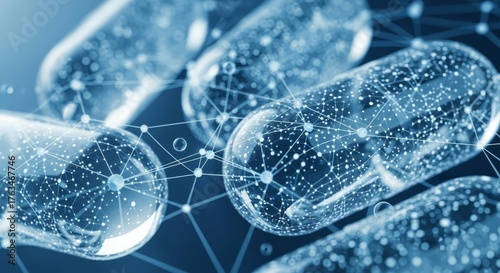 Conceptual capsules of futuristic medicine connecting through digital networks showcase advanced pharmaceutical technology with a focus on scientific advancement and healthcare innovations