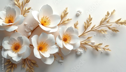 Elegant white flowers with gold branches arranged on soft background. Beautiful floral design conveys luxury, purity, natural aesthetic. Perfect for weddings, greetings, home decor, romantic event