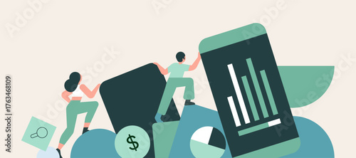 Financial app growth and data analysis concept illustration. Flat minimal vector illustration of people interacting with large smartphones showing financial data and analytics. 