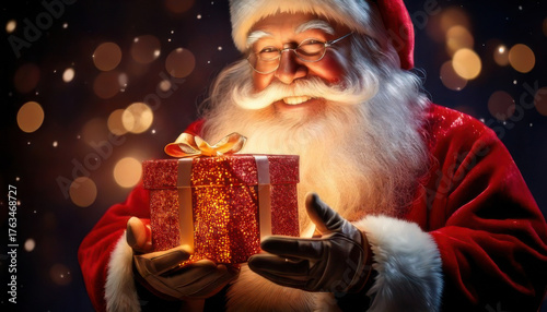 Santa Claus joyfully holding glowing gift box with festive bokeh lights in background