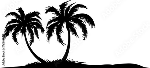 Black Silhouette of Two Curved Palm Trees on a Tropical Island: Minimalist Vector Logo Design