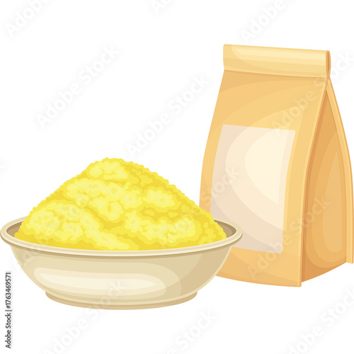 A Bowl of Yellow Grains Next to a Kraft Paper Bag With a Blank Label and Transparent Background Isolated Food Ingredient
