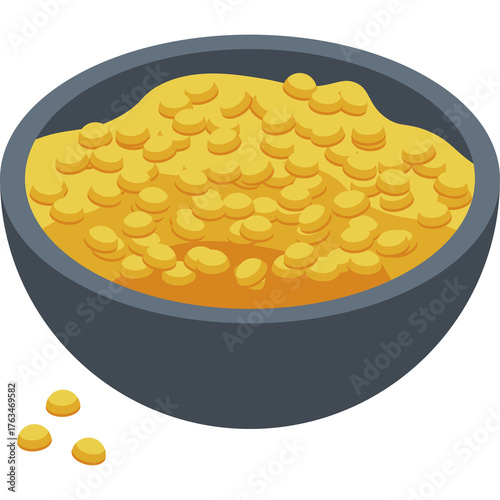 A Bowl of Yellow Lentils and Grains In A Dark Gray Bowl Isolated On A Transparent Background With Scattered Grains Nearby Representing Healthy Food and Nutrition