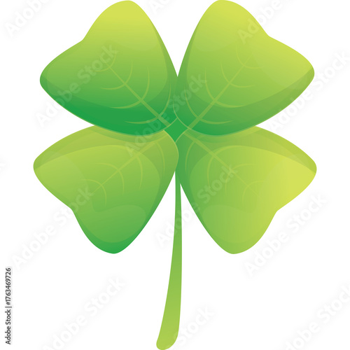 A bright green four leaf clover with gradient coloring and vein details on a transparent background symbolizing good luck and fortune in nature