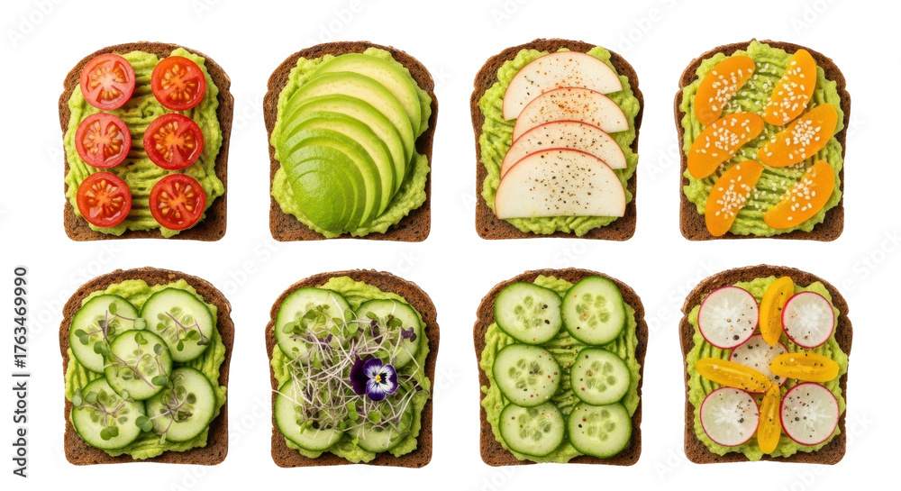 Fototapeta premium Avocado Toast Variety: A delightful array of artisan toast slices, each adorned with a unique blend of fresh, vibrant toppings, showcasing the versatility of avocado and culinary artistry.