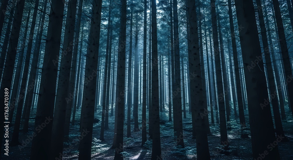 Obraz premium Enchanting Forest at Dusk Deep Woods with Moody Blue Light and Sunbeams Mysterious Natural Landscape