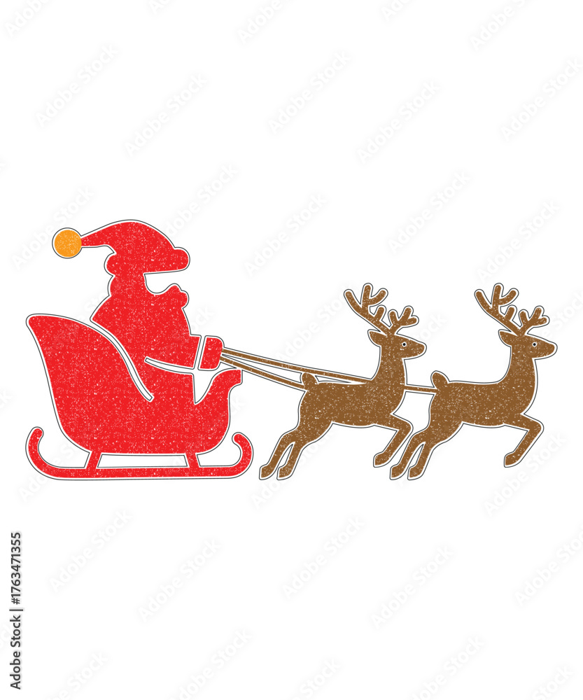 Fototapeta premium Santa Claus Sleigh with Reindeer Christmas Grunge Illustration.