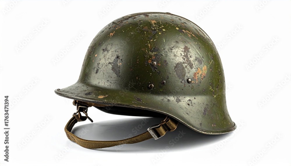 Fototapeta premium Vintage French Adrian military helmet with crest and central badge showing wear and rust on white background for editorial historical photography wartime memorabilia and military design-themed visuals