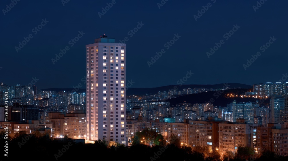 Naklejka premium Night Cityscape View with Illuminated Buildings Against Dark Sky in Modern Urban Environment