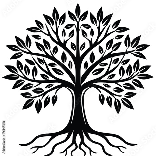 Black silhouette of a stylized tree with roots and leaves