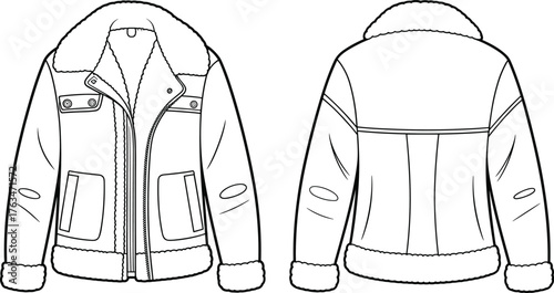 Shearling jacket vector illustration, front and back view, zip closure with chest and side pockets, fashion CAD drawing, winter apparel flat sketch