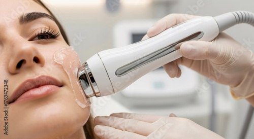 Woman receiving facial radio frequency lifting treatment. Cosmetologist performing skin tightening procedure in a clinic setting.