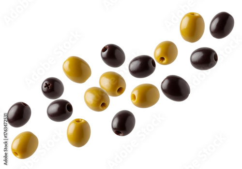 Dynamic Mix of Fresh Green and Black Pitted Olives Falling Isolated on White Background