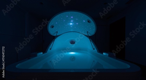 Sensory deprivation tank in a dark room. Float therapy pod illuminated with blue light and starry ceiling. Wellness and relaxation concept.
