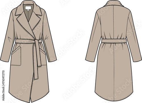 Fashion vector illustration of women’s trench coat front and back view with belt, lapels, pockets, garment design template