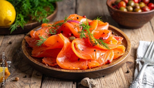 Rustikales Holzbrett mit einem Teller Gravlax (gebeizter Lachs mit Dill)