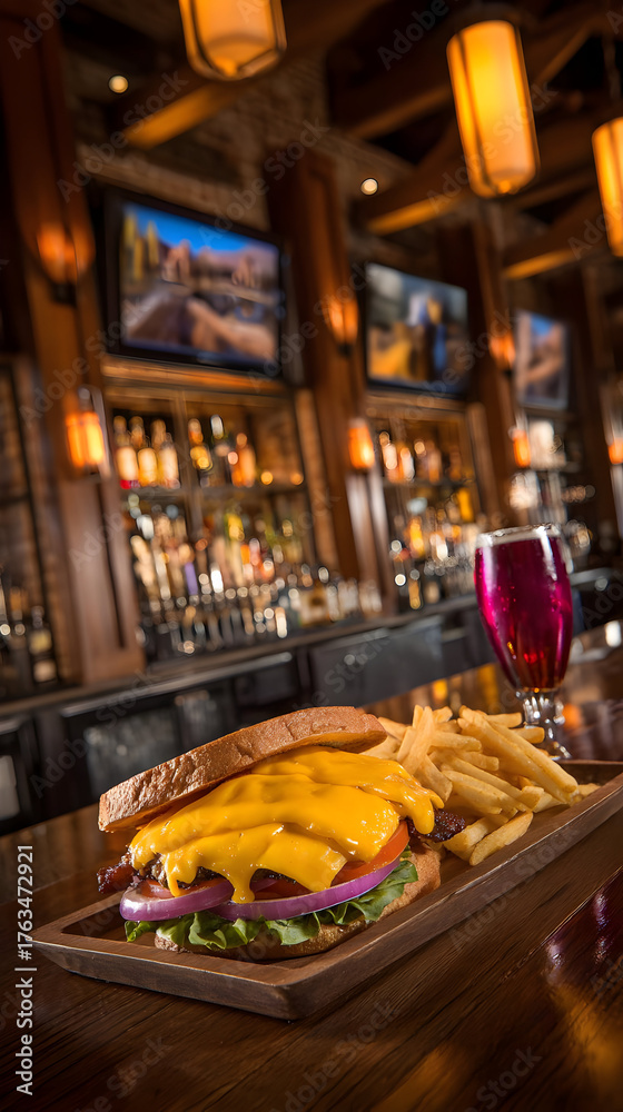 Fototapeta premium with lettuce, tomato, onion, and melted cheese served with fries on wooden tray