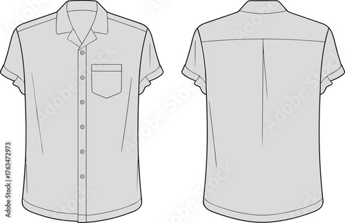 Shirt vector illustration, front and back view, short sleeve button‑up with collar, pocket and pleat, fashion CAD drawing, apparel flat sketch