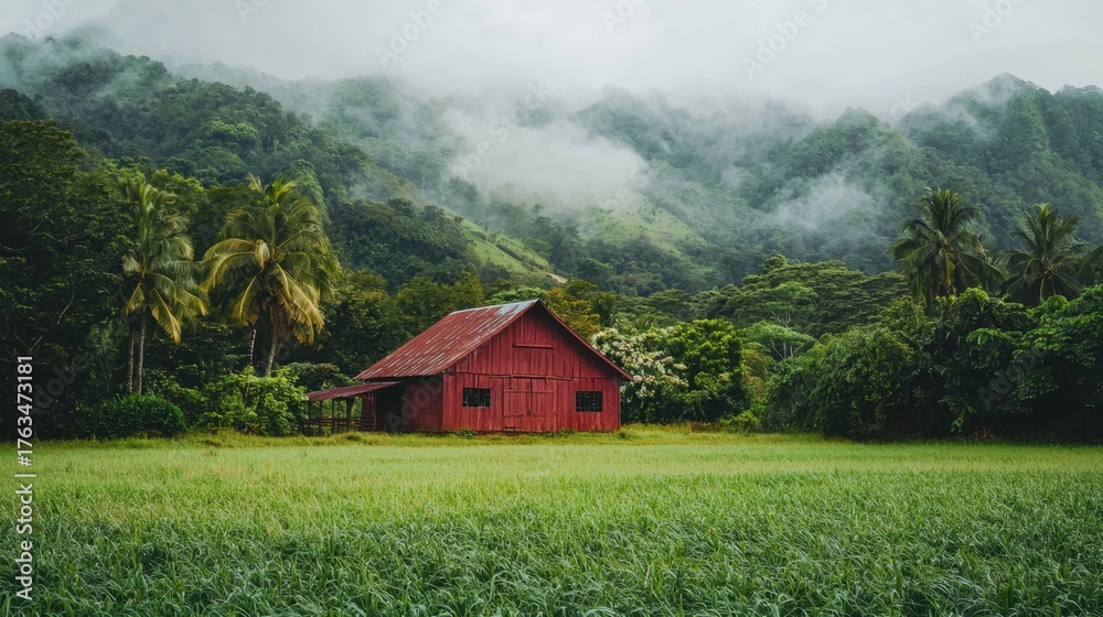 Obraz premium Red barn stands amidst lush greenery and misty mountains in a tranquil rural landscape showcasing nature's beauty