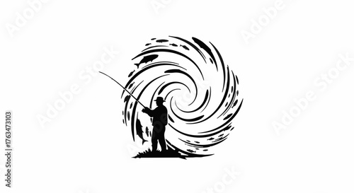 Silhouette of a lone angler casting a line into a swirling vortex of water, symbolizing immersion in nature's power.