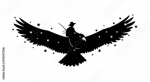 Silhouette of a person riding a giant bird soaring through a starry night sky