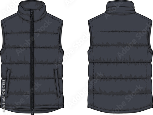 Dark sleeveless quilted puffer vest front and back view with zipper closure, high collar, insulated winter fashion outerwear illustration