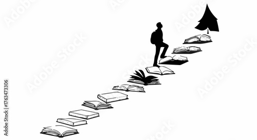Silhouette of a person climbing stairs made of open books towards a tree, symbolizing education and growth.
