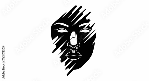 Striking abstract illustration of a stylized face with bold black lines and piercing details