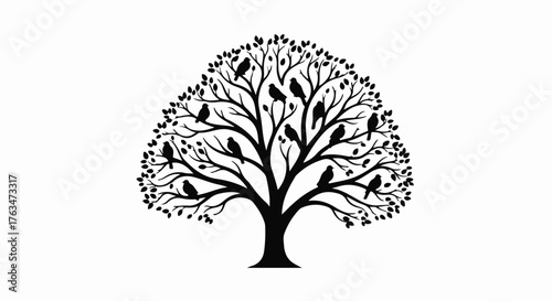 Silhouette of a large, stylized tree with numerous birds perched on its branches against a white background.