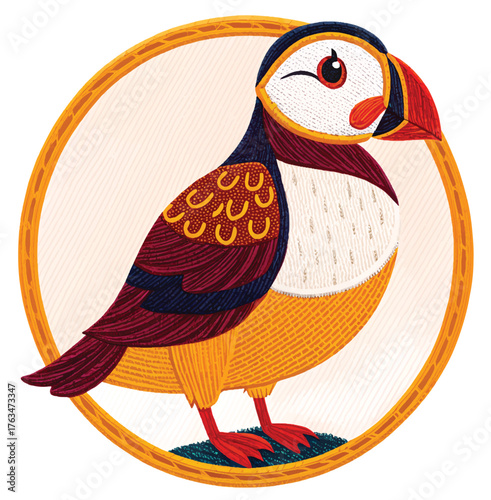 Charming puffin illustration with vibrant colors and intricate details, perfect for children's books, educational materials, and nature-themed designs